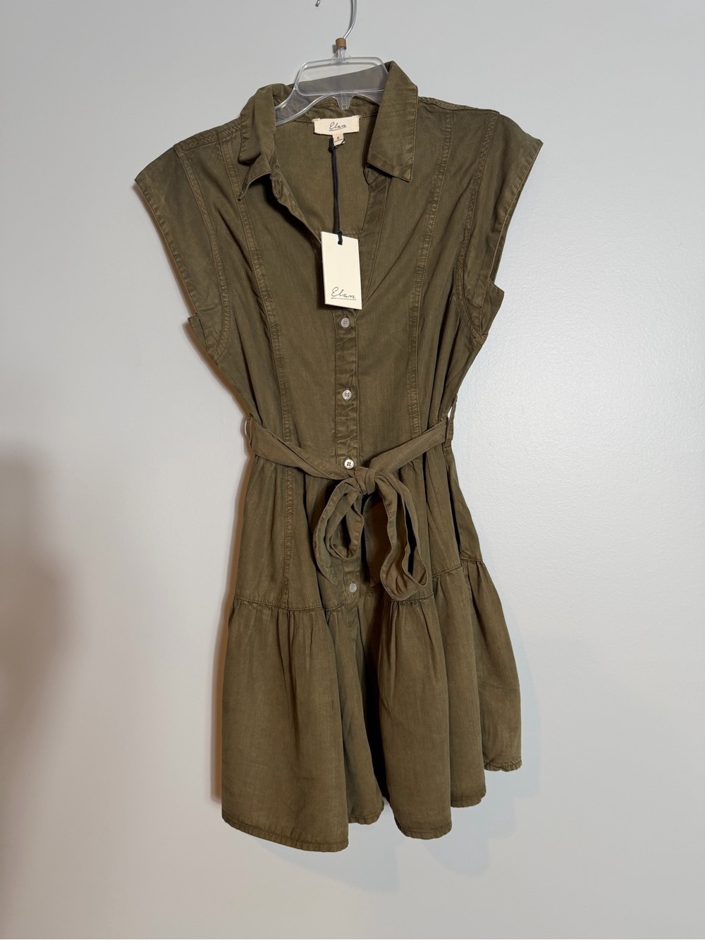 Elan Olive Green Button-Front Tie-Waist Shirt Dress
